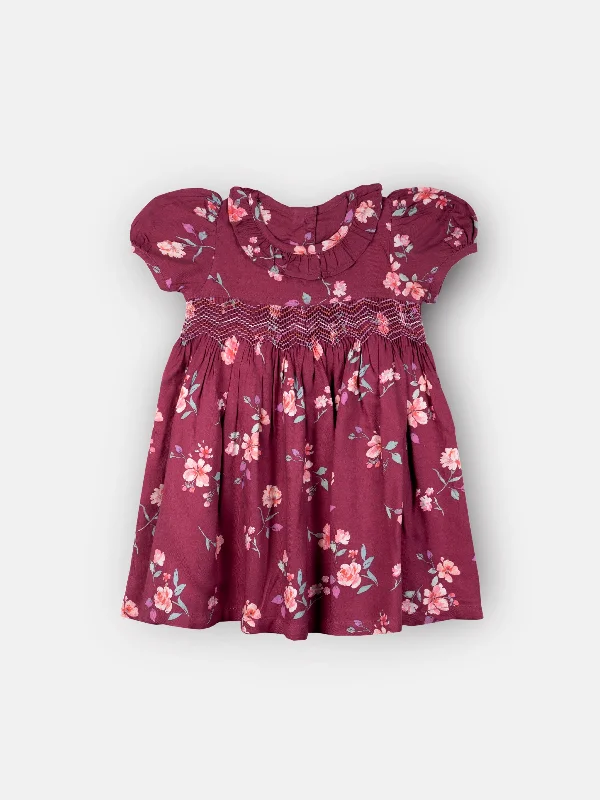 Maroon Floral Print Smocked Girls Dress