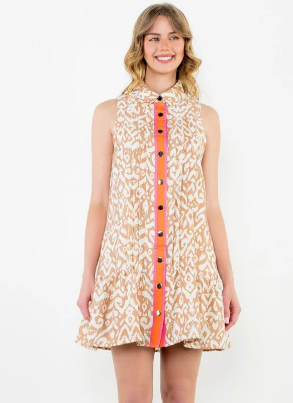 Sleeveless Button Snap Dress - Beige Ikat