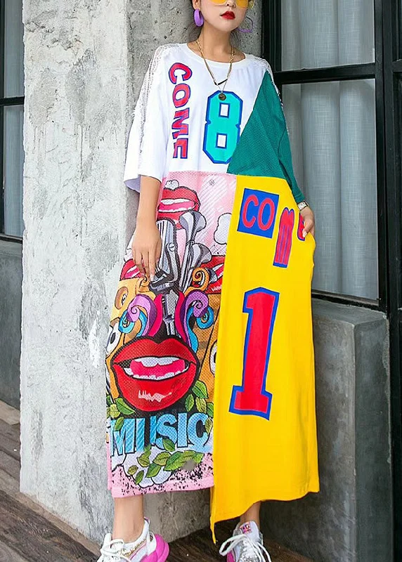 DIY White O-Neck Asymmetrical Print Lace Patchwork Long Dress Summer