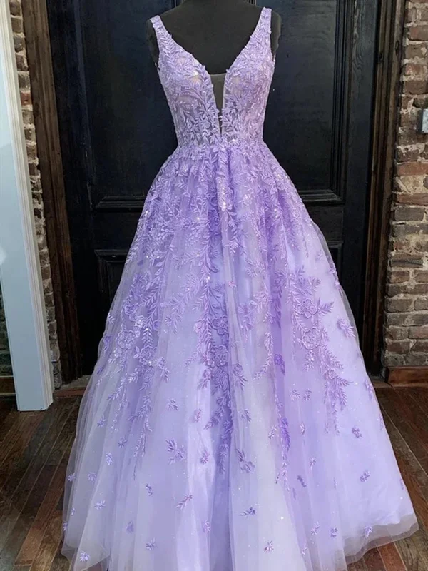 A Line V Neck Purple Lace Prom Dresses, Purple Lace Formal Evening Dresses