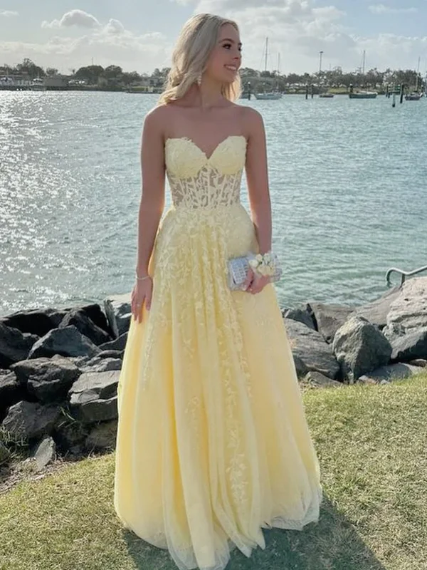 Cute A Line Sweetheart Neck Yellow Lace Prom Dresses, Yellow Tulle Lace Formal Evening Dresses