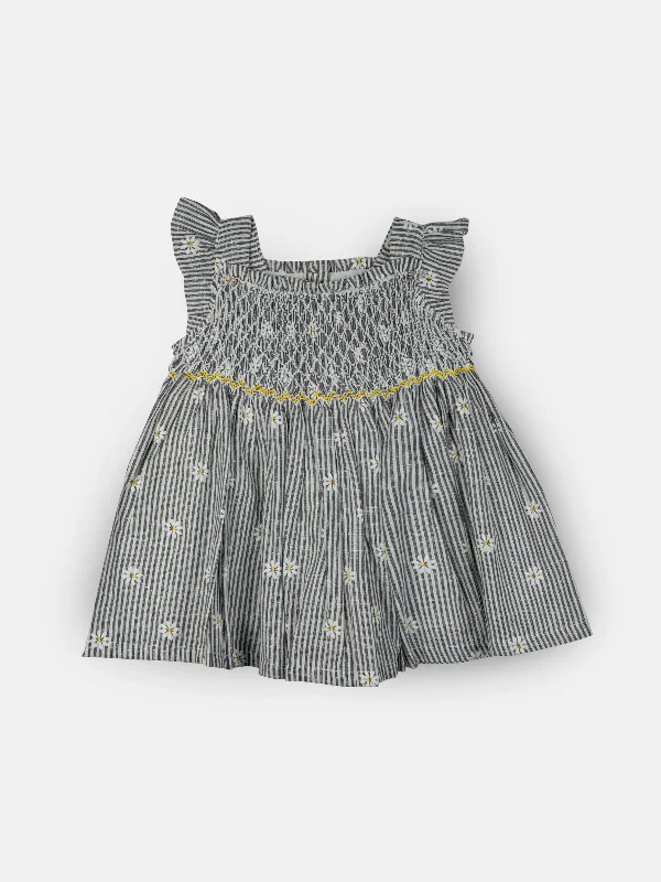 Gray & White Striped Floral Print Girls Smocked Dress