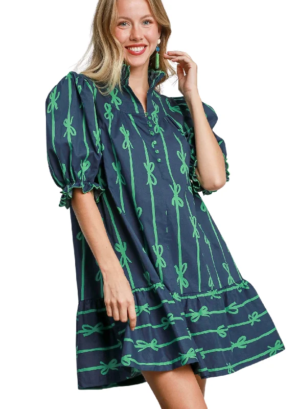 Sam Scallop Bow Dress - Navy + Green