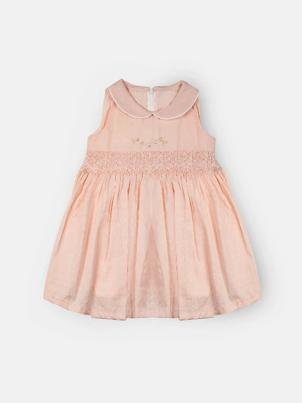 Light Peach Hand Embroidery Girls Smocked Dress