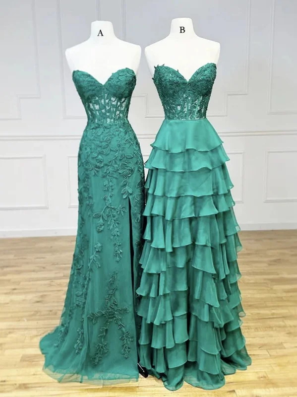 Sweetheart Green Lace Long Prom Dresses, Green Lace Long Formal Evening Dresses