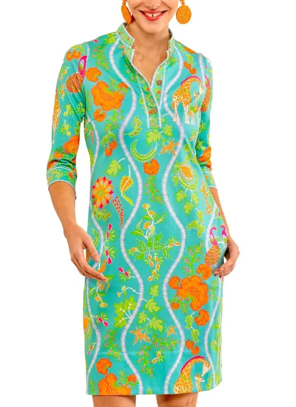 Jungle Symphony Mandarin Dress - Turquoise