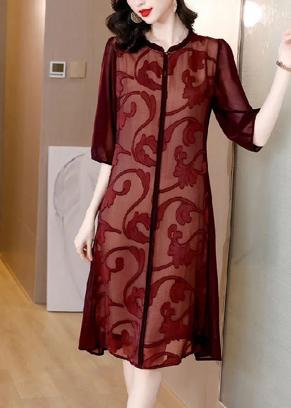Mulberry Patchwork Silk Long Dresses Half Sleeve