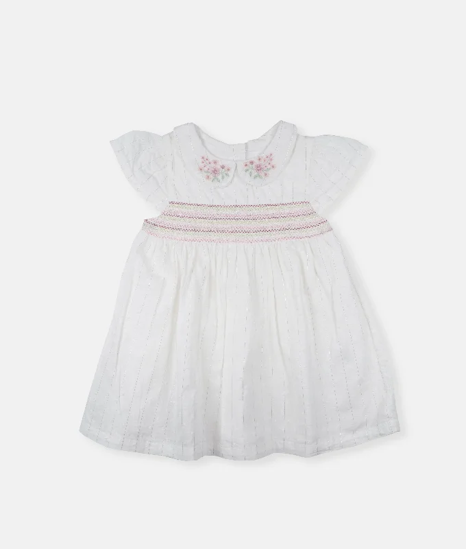 Floral Embroidery Collared  Smocked  Dress - White Rubia