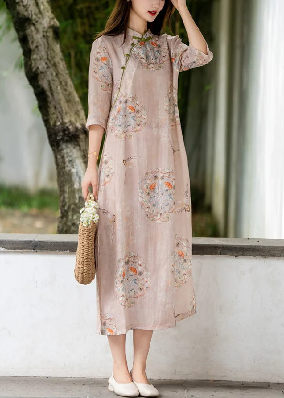 Pink Side Open Print Linen Long Dresses Stand Collar Summer