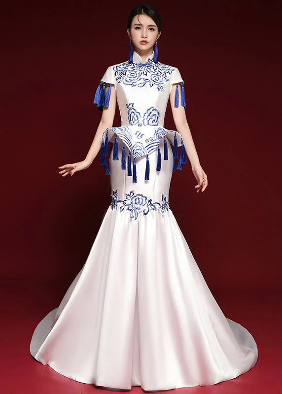 Elegant Blue And White Porcelain Tassel Embroidered Long Dress Short Sleeves
