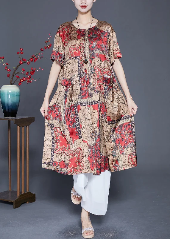 Coffee Print Silk Long Dresses Oversized Draping Summer