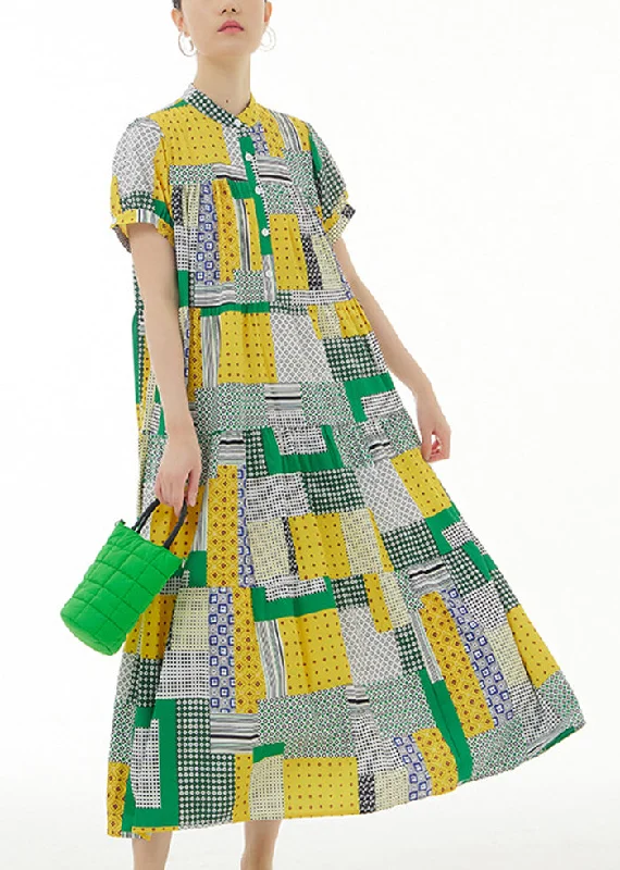 Women Colorblock Stand Collar Print Exra Large Hem Cotton Long Dresses Summer