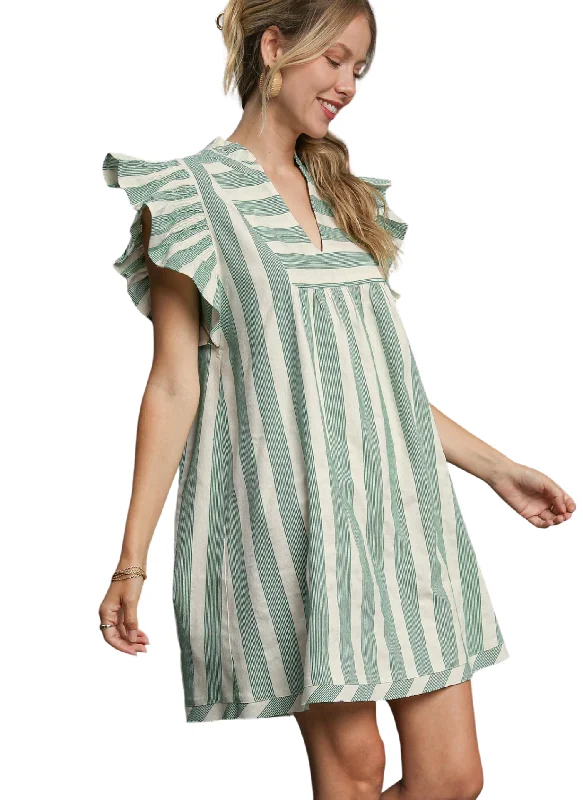 Kayce Stripe Flutter Sleeve Dress - Green