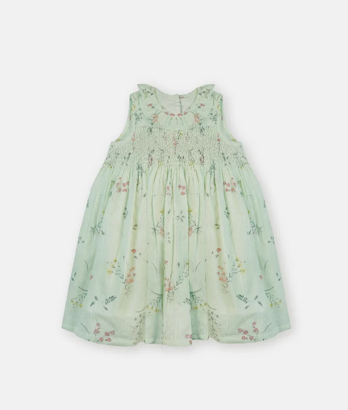 Pastel Green Floral Frill Collared Emma Smocked Dress