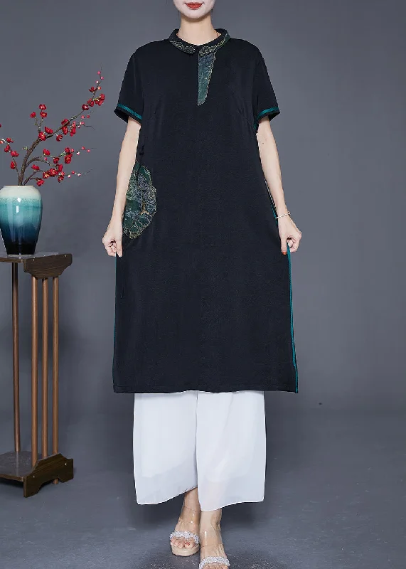 Handmade Black Embroideried Patchwork Silk Long Dresses Summer