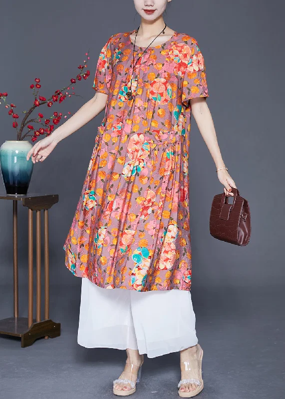 Classy Orange O-Neck Print Linen Long Dress Summer