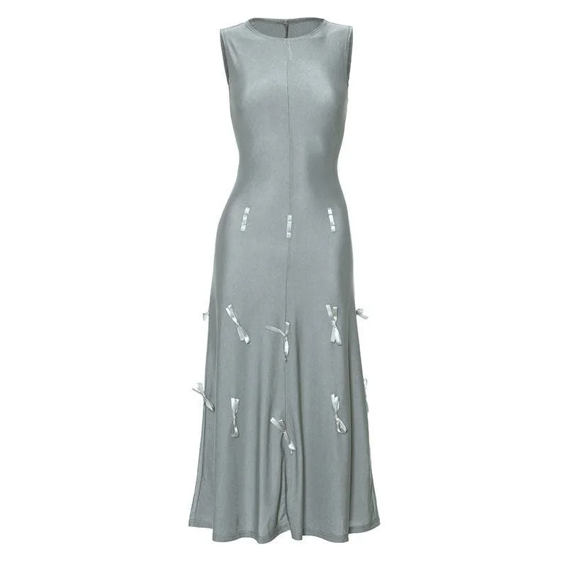 Sleeve bowknot solid midi 2-way dress