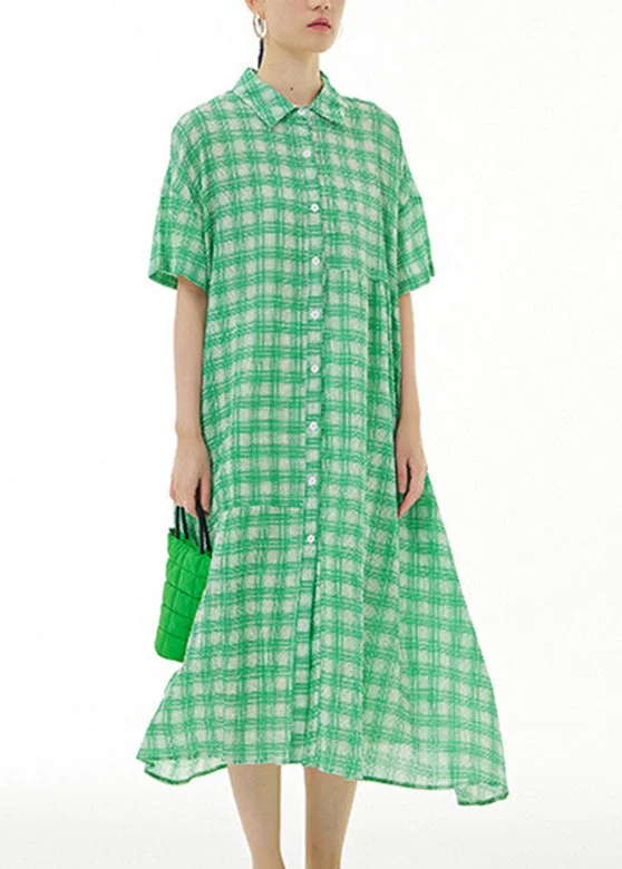 Green Peter Pan Collar Cotton Long Dresses Short Sleeve