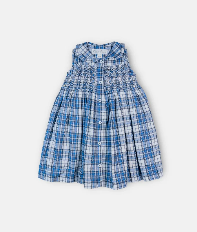 Navy Plaid Front Button Smocked Girls Dress