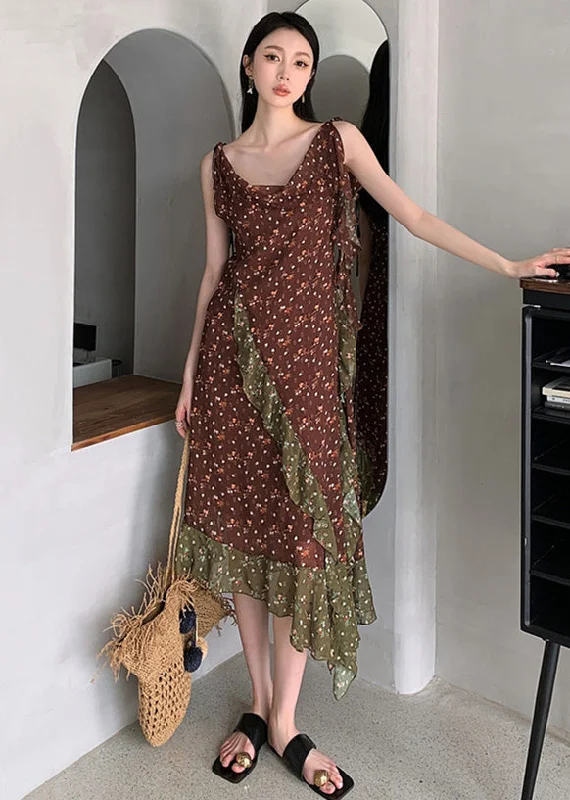 Beautiful Chocolate Ruffled Patchwork Print Chiffon Long Dresses Sleeveless