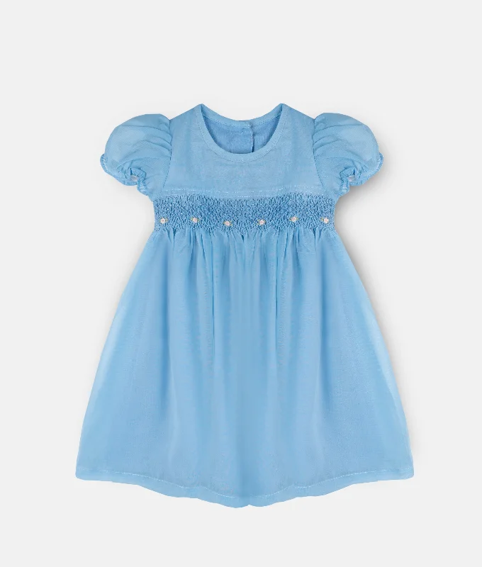 Blue Beadwork Georgette Puffed Sleeved Smocked Dress