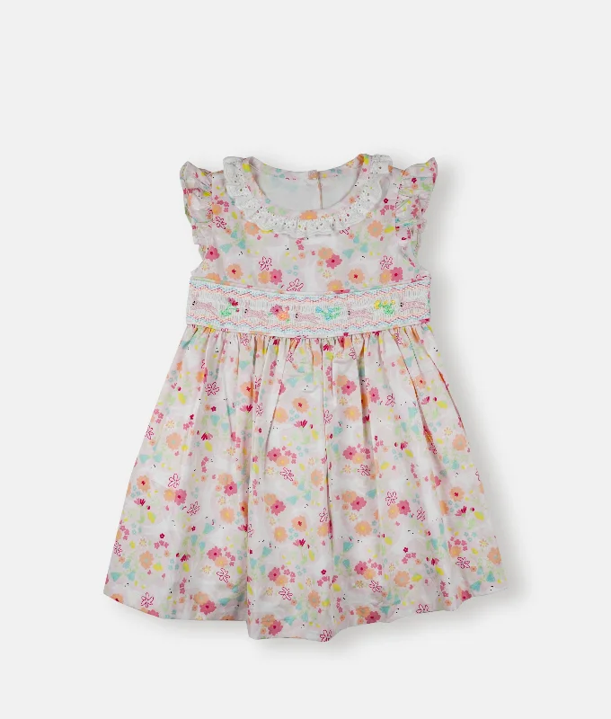Pink Floral Flutter Sleeved embroidered Girls Dress