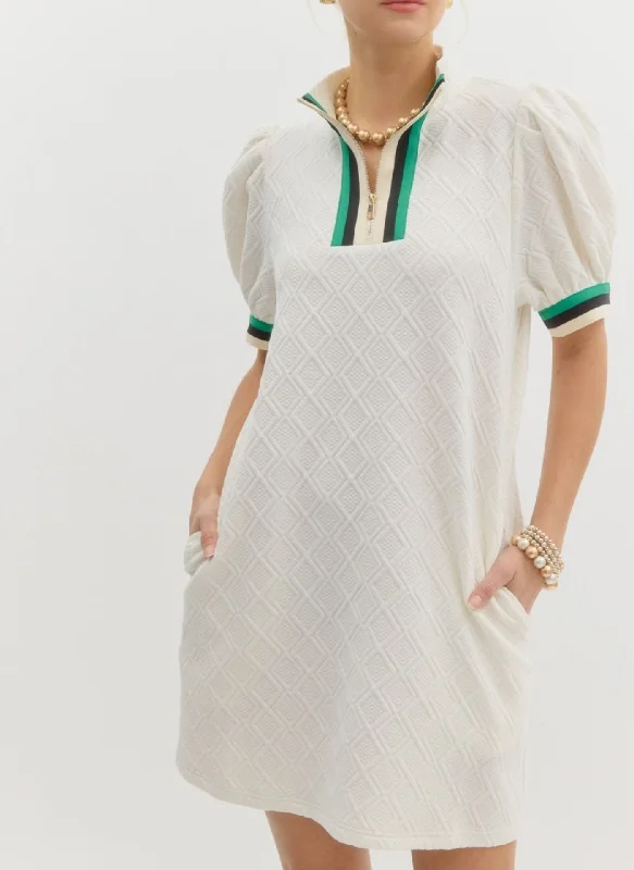 Quilted Puff Sleeve Trim Dress - Cream