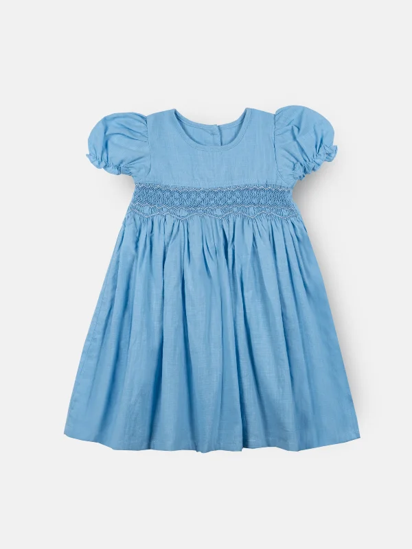 Pastel Blue Puffed Sleeved Smocked Dress