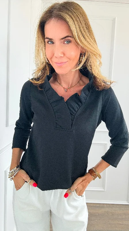 3/4 Sleeves Ruffled Neck Blouse - Black Double-Layered Blouse