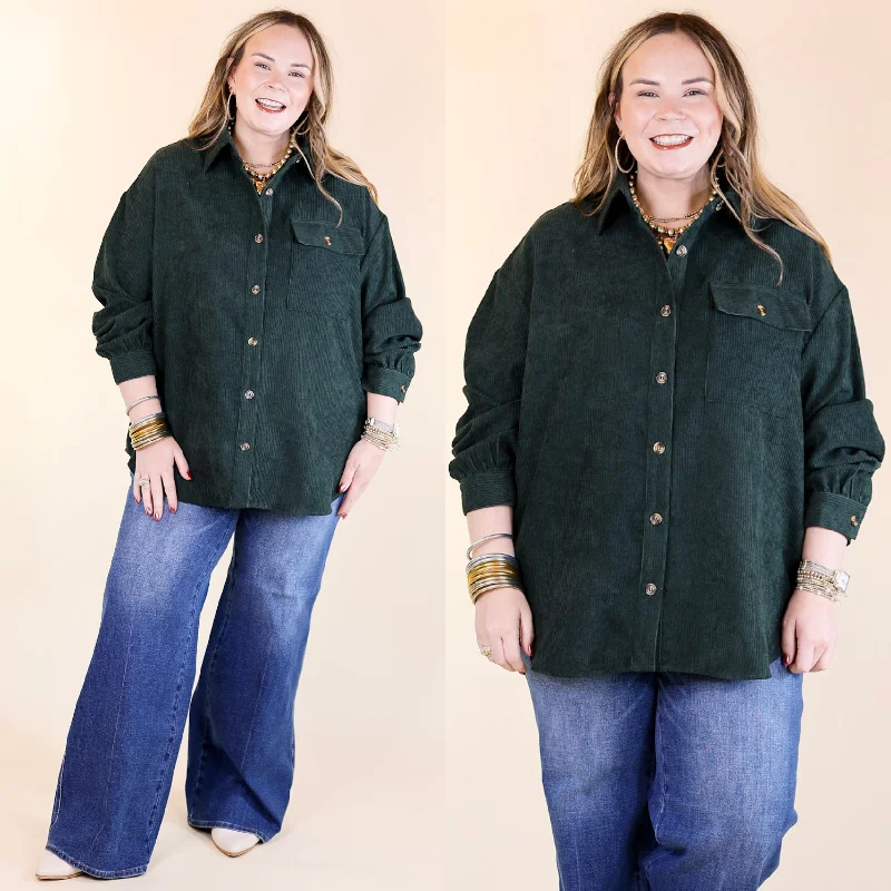 All Dolled Up Button Up Corduroy Shacket in Forest Green Chic Off-Shoulder Blouse