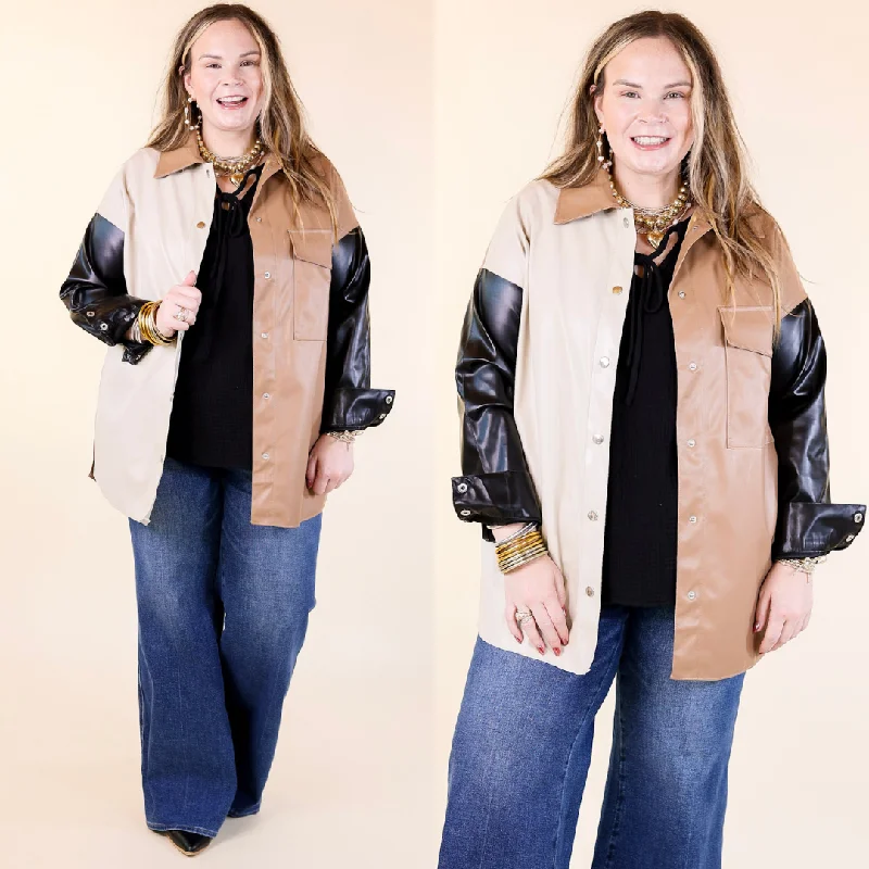 Autumn Event Faux Leather Color Block Shacket in Black Mix Airy Cotton Blouse