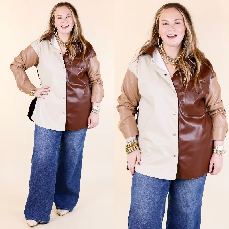 Autumn Event Faux Leather Color Block Shacket in Brown Mix Boho Printed Blouse