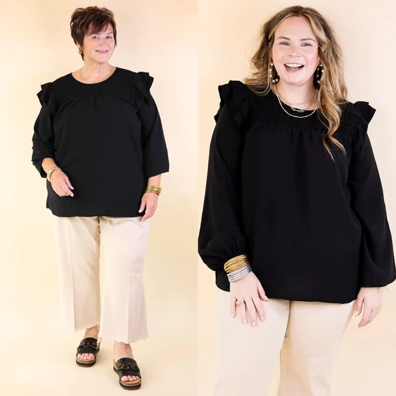 Balcony Nights Ruffle Shoulder Long Sleeve Blouse in Black Side Tie Blouse