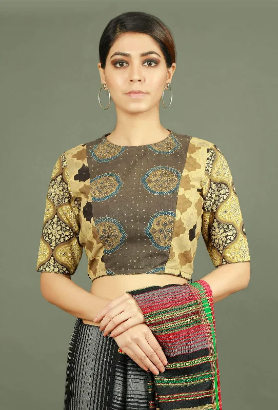 Beige Ajrakh Printed Pure Cotton Blouse Sweetheart Neck Blouse