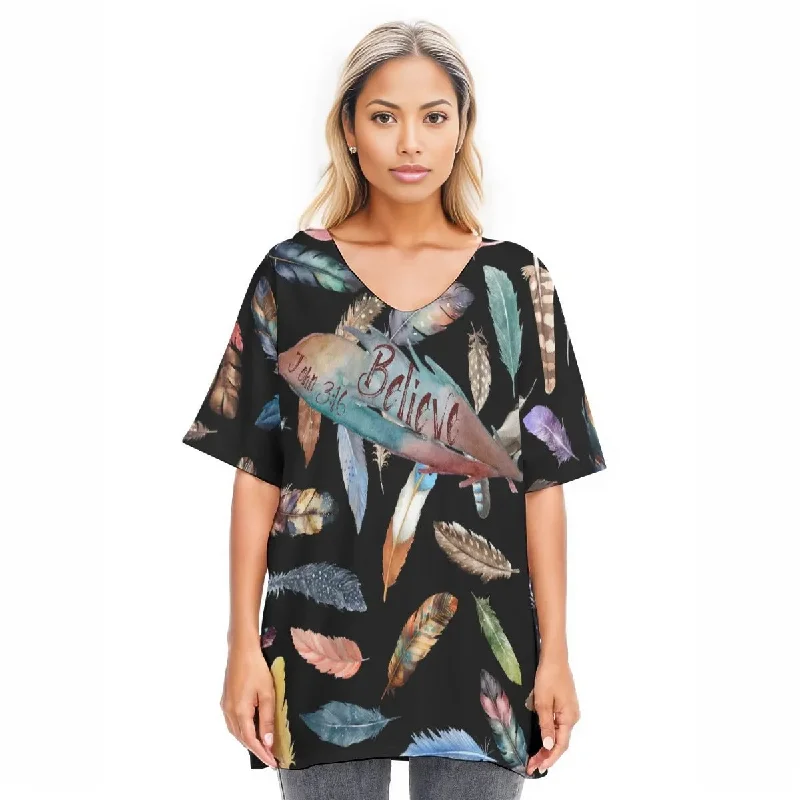 BELIEVE Black Feather Print Draped Sleeve Cotton Blouse Classic Minimalist Blouse