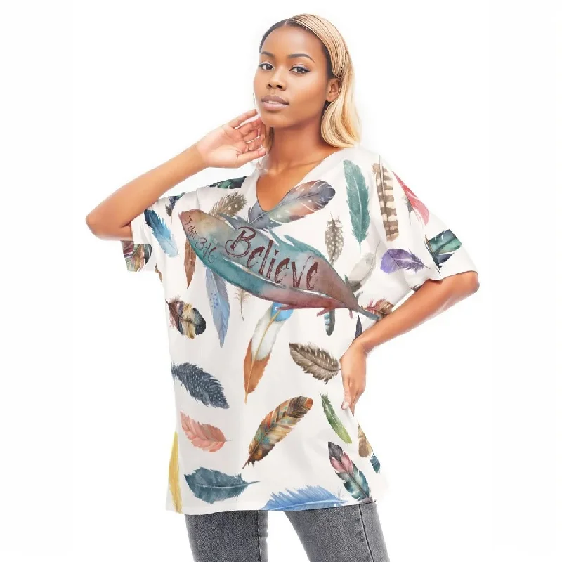 BELIEVE White Feather Print Draped Sleeve Cotton Blouse Office Formal Blouse
