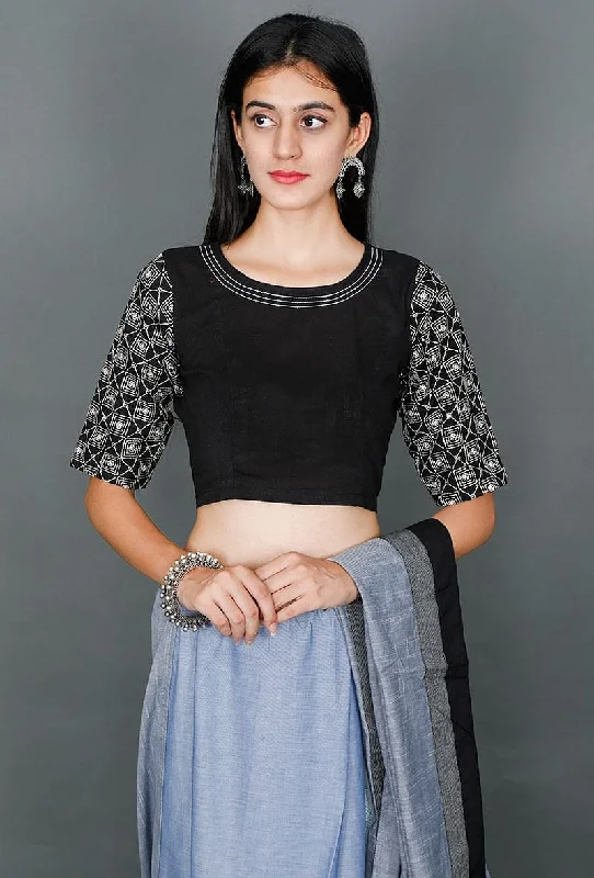 Black Blouse With White Kantha Embroiderey Lightweight Chiffon Blouse