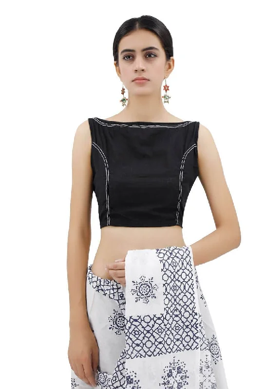Black Boat Neck Blouse With Stitch Lines Textured Cotton Blouse
