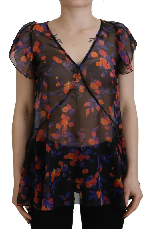 Black Floral Print Short Sleeves V-neck Blouse Top Ruffled Neck Blouse