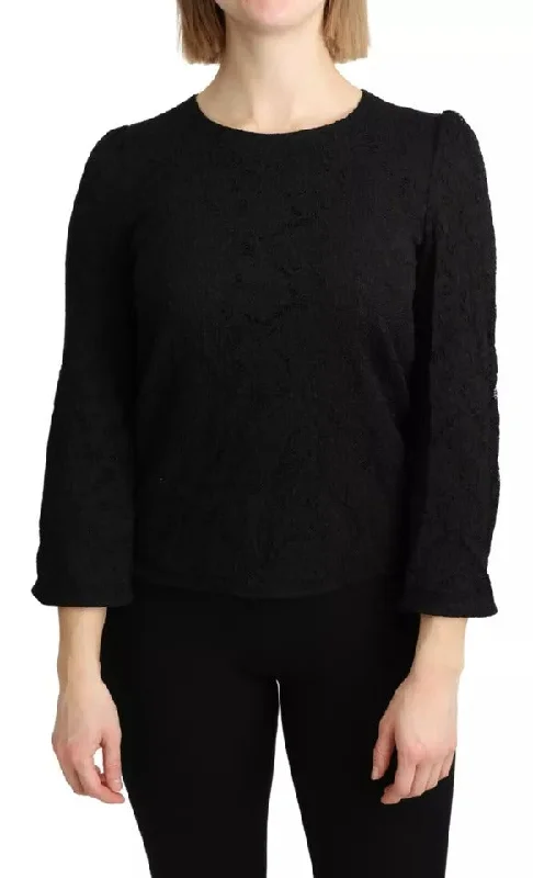Black Lace Long Sleeves Blouse Staff Top Elegant Semi-Sheer Blouse