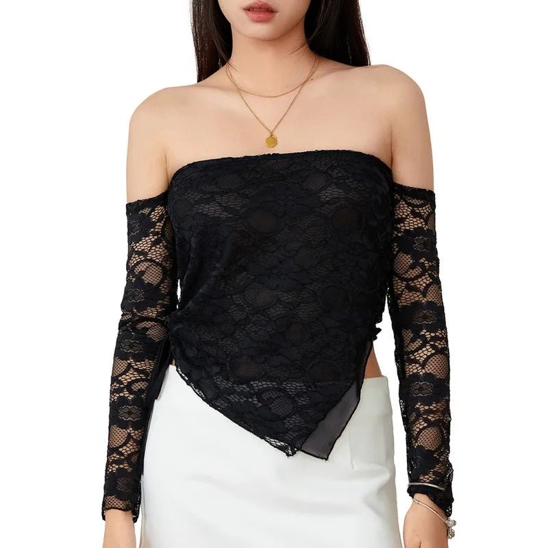 Black Lace Off-Shoulder Asymmetrical Blouse Polished Work Blouse