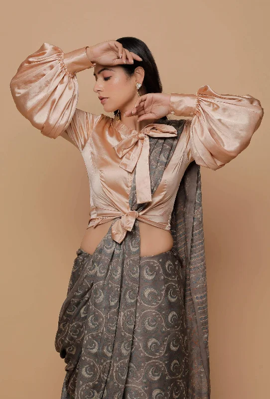 Beige Organza Silk Sheer Puffed Sleeve Blouse Feminine Tie Blouse