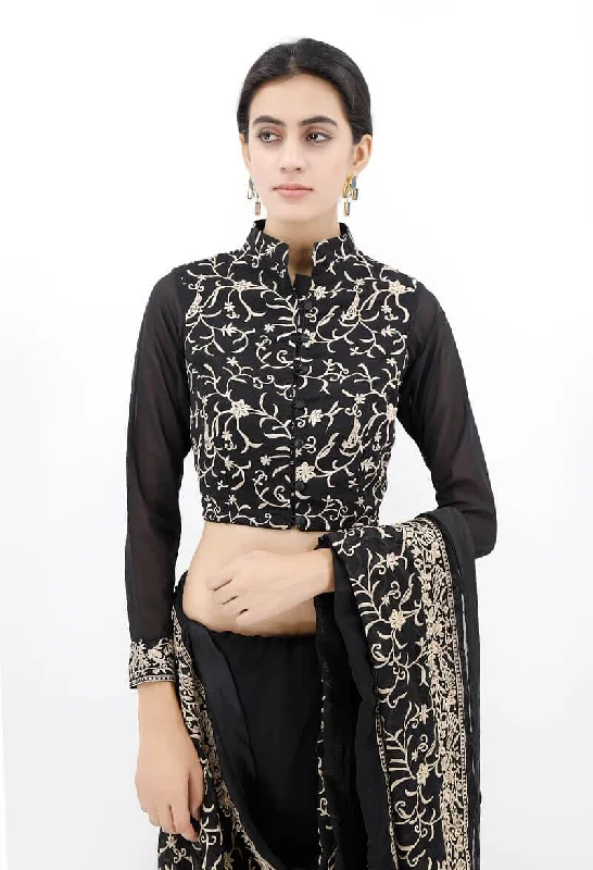 Black Parsi Embroidered Blouse With Sheer Sleeves Pleated Collar Blouse