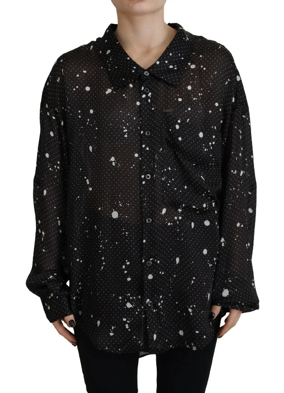 Black Polka Dots Collared Button Down Blouse Top Short Sleeve Blouse