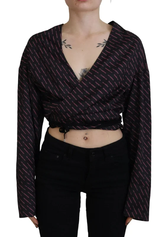 Black Polyester Cropped Logo Printed Blouse Top Stretchy Fitted Blouse