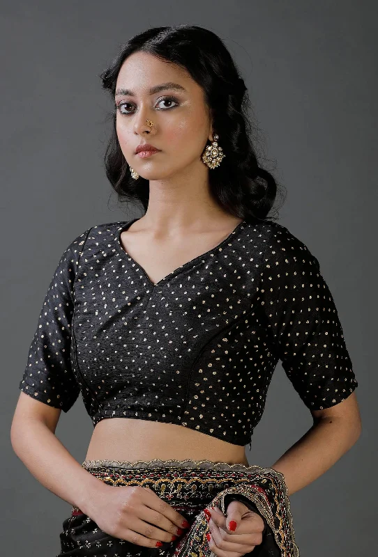 Black Raw Silk Block Printed Blouse Floral Print Blouse