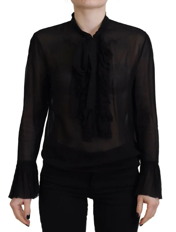 Black Viscose Long Sleeves See Through Blouse Top Double-Layered Blouse