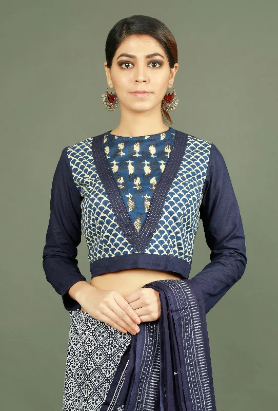 Blue Cotton Baghru Patchwork Blouse Frilled Cuff Blouse
