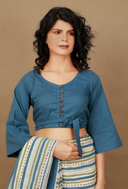 Blue Cotton Front Tie Blouse Pastel Color Blouse