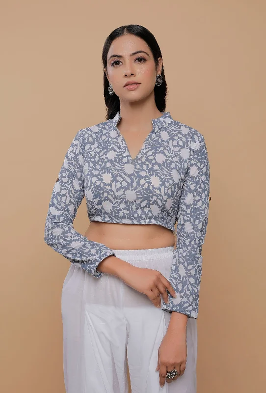 Blue Handblock Printed Cotton V Neck Line With Stand Collar Blouse Embroidered Floral Blouse